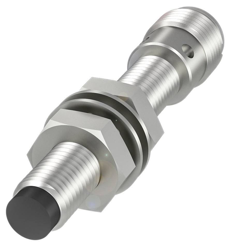 Ein silberfarbener, metallischer Sensor mit zylindrischem Körper, Gewinde und schwarzer Spitze, vermutlich ein Näherungssensor.