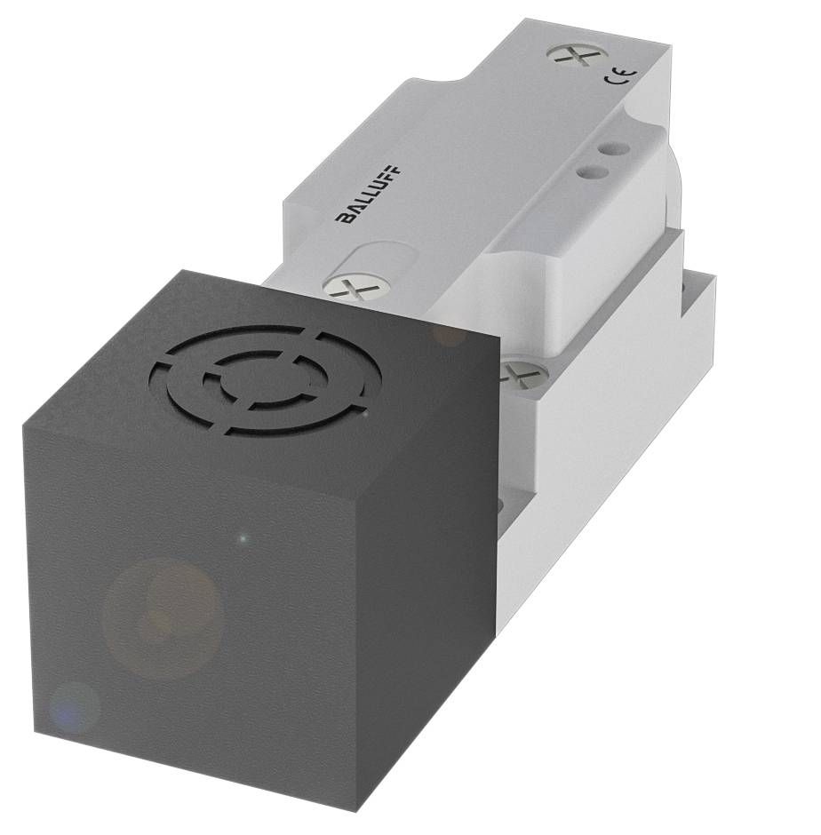 Ein rechteckiges, graues und schwarzes Gerät, das möglicherweise ein Sensor ist, mit dem Markenlogo 'Balluff'.