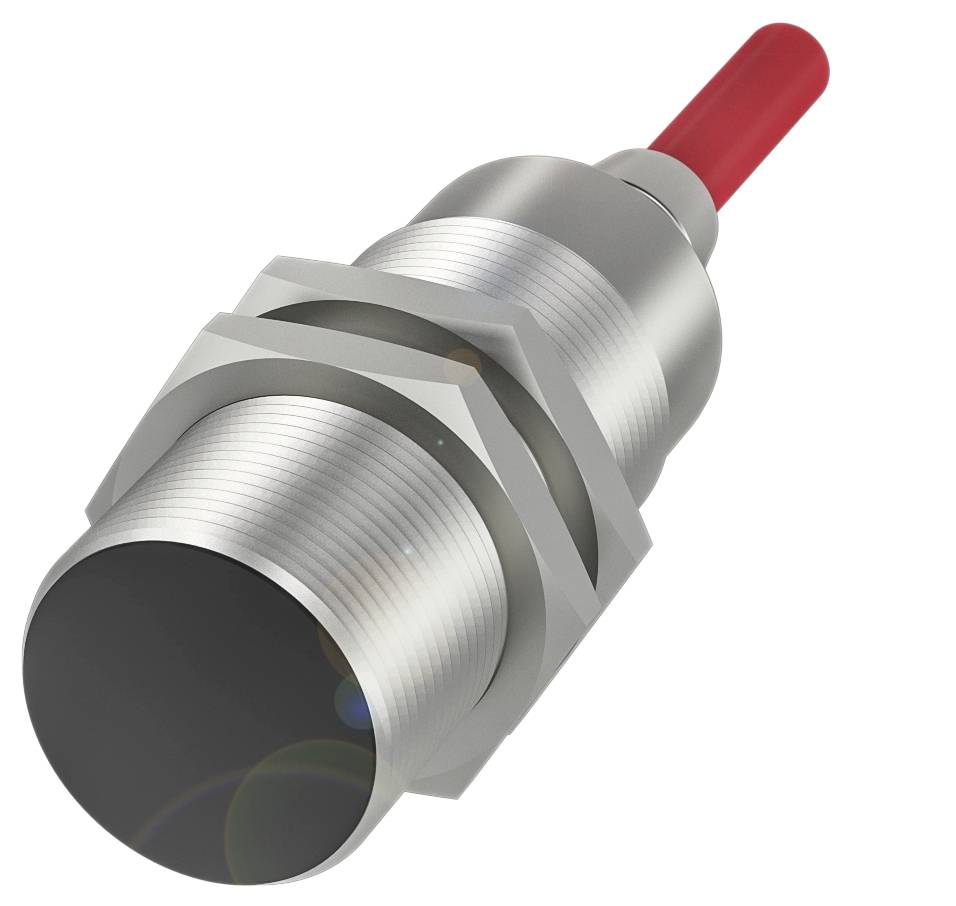 Zylindrischer Näherungssensor in Silber mit rotem Kabel, geeignet für industrielle Automatisierung zur Objekterkennung.