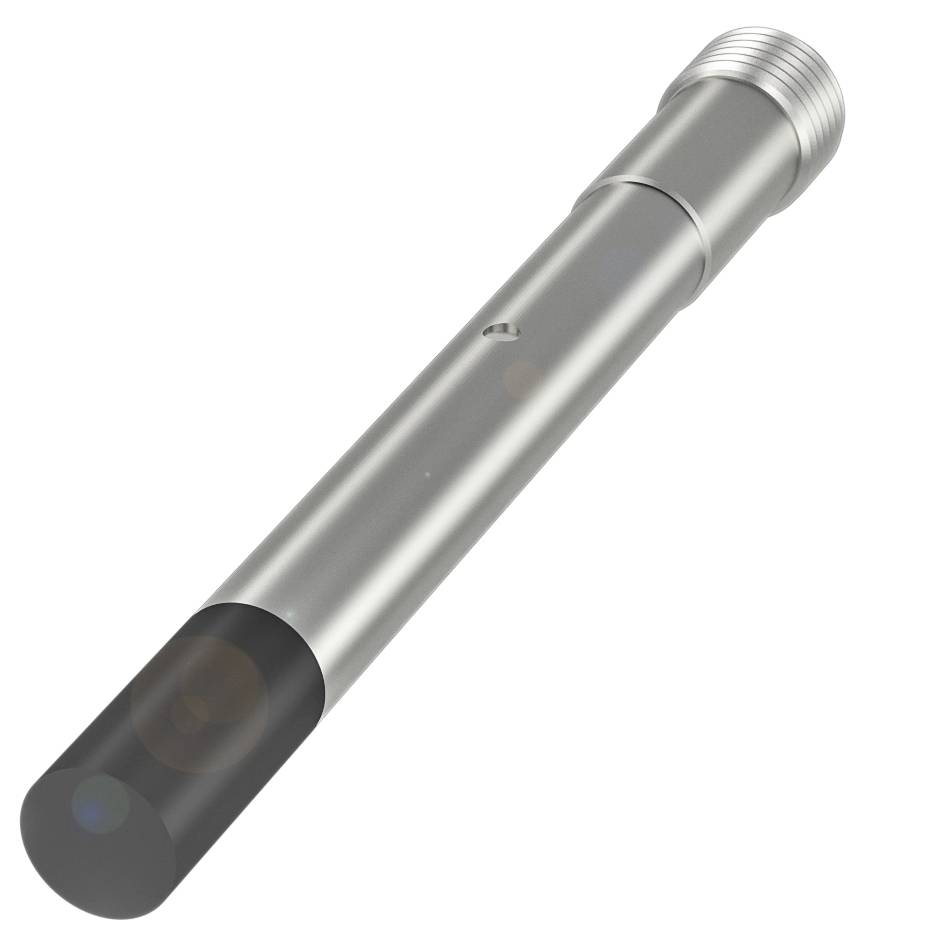 Ein zylindrisches Metallteil mit Schraubgewinde an einem Ende und einer schwarzen Spitze am anderen Ende.