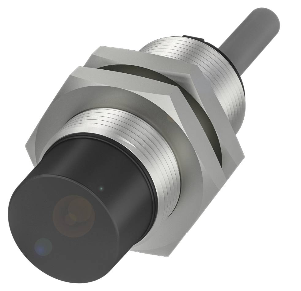 Ein zylindrischer Sensor mit einem schwarzen Kopf, umgeben von einem silbernen Metallgehäuse, montiert mit einer Sechskantmutter.