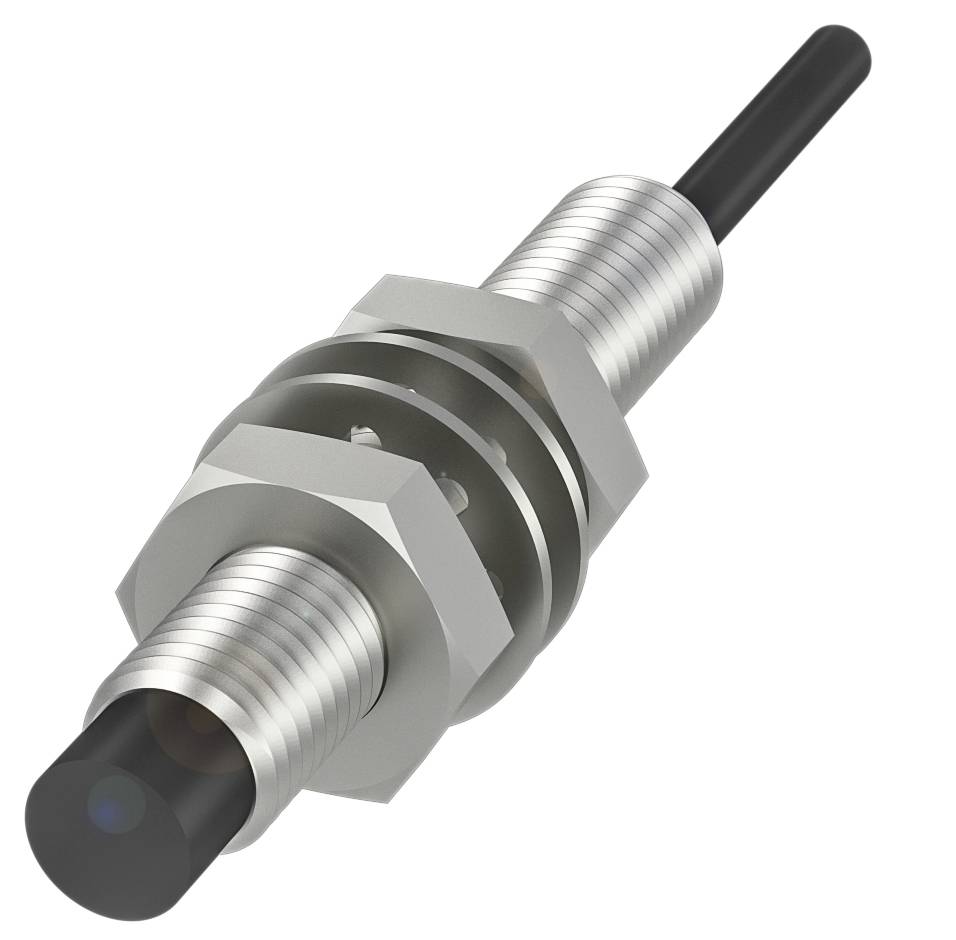 Zylindrischer induktiver Näherungsschalter aus Metall und Kunststoff mit Kabel, verwendet zur Erkennung von Objekten ohne physischen Kontakt.