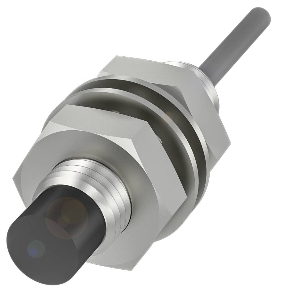 Ein zylindrischer Näherungssensor aus Metall mit einem schwarzen Kopf und einem Kabelanschluss auf der anderen Seite.