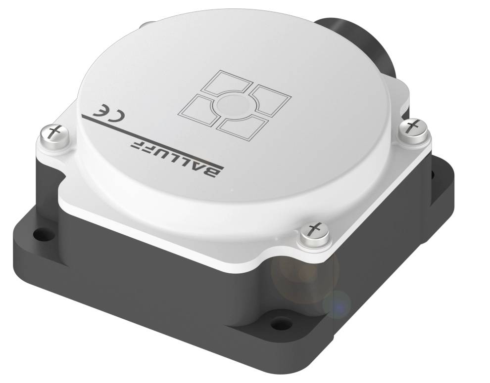 Ein quadratisches elektronisches Gerät mit abgerundeten Kanten, vier Schrauben an den Ecken und einem Logo auf der Oberseite.