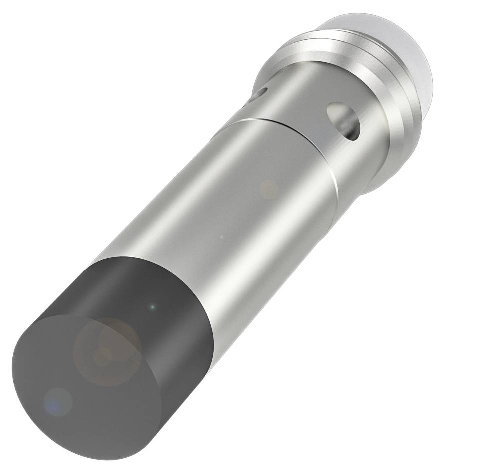 Metallischer Zylinder mit schwarzer Spitze und runder Kappe, ähnlich einem technischen Gerät oder Maschinenteil.