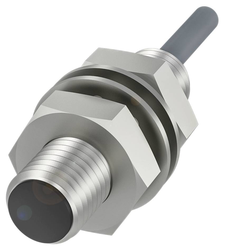 Zylindrischer Sensor aus Metall mit Schraubgewinde und Kabelanschluss, zur Erkennung von Objekten in industriellen Anwendungen.