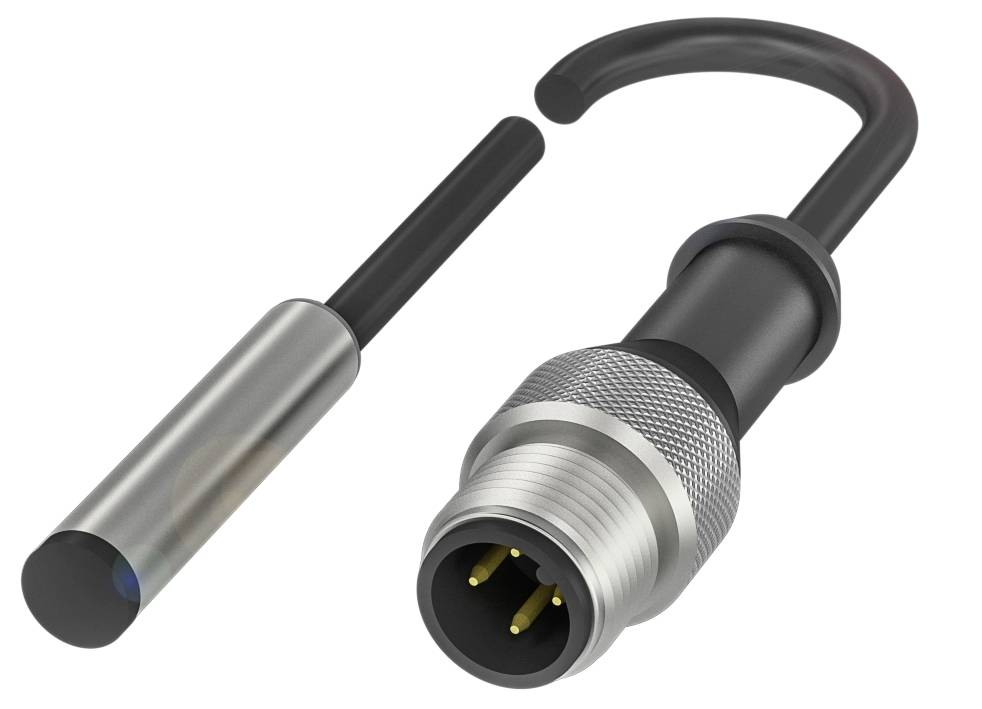Ein zylindrischer Sensor mit Anschlussstecker, typischerweise für industrielle Anwendungen zur Positions- oder Näherungserfassung.