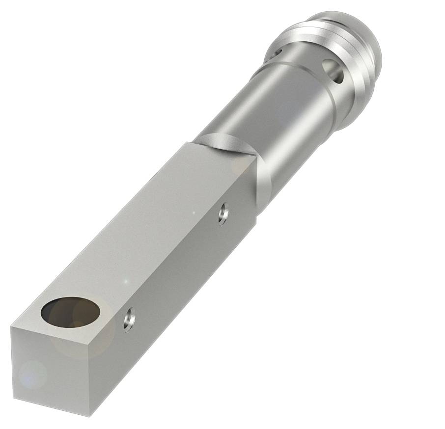 Metallischer zylindrischer Adapter mit quadratischem Basisabschnitt und zwei kleinen Gewindelöchern. Industrieller Einsatz.