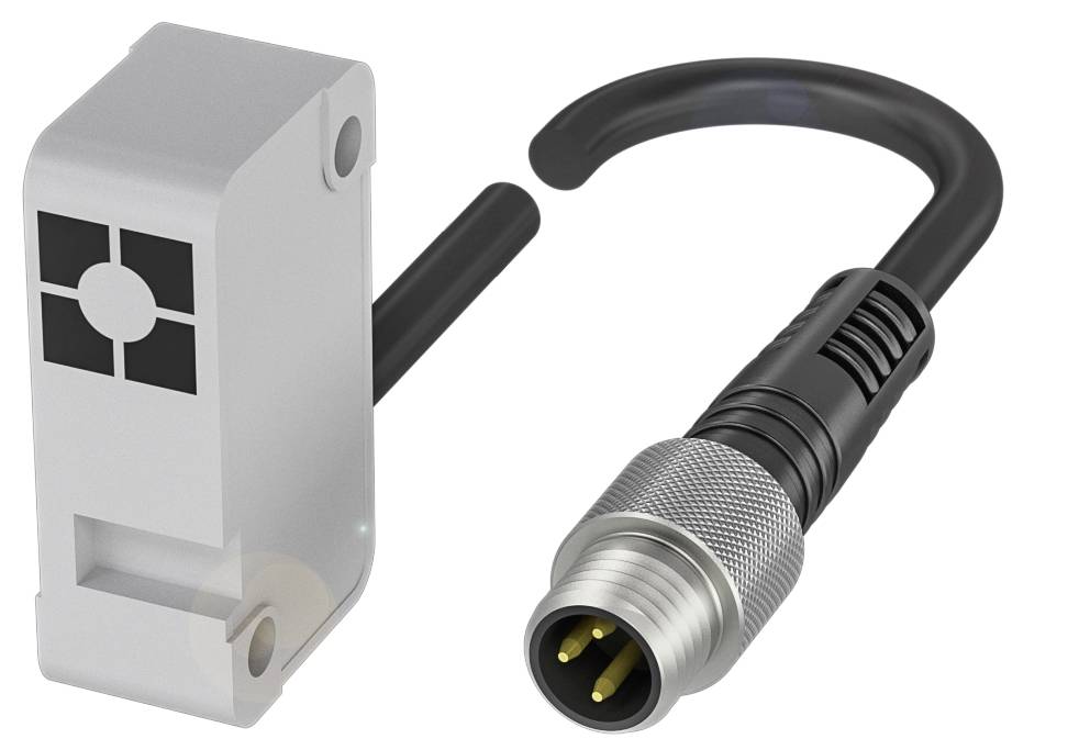 Ein Sensor mit einem Kabelanschluss. Der Sensor ist grau mit einem schwarzen Muster, das Kabel ist schwarz mit einem Metallstecker.