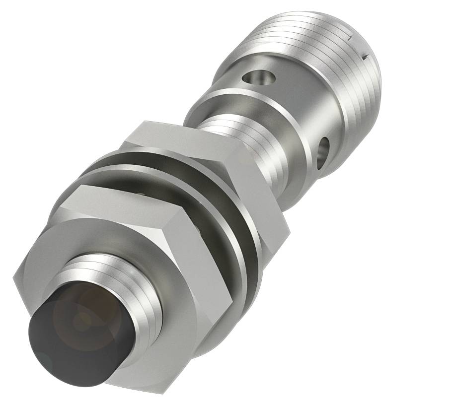 Graues zylindrisches Metallteil mit mehreren Rillen und einer schwarz glänzenden Spitze, möglicherweise ein Sensor oder eine Schraubverbindung.