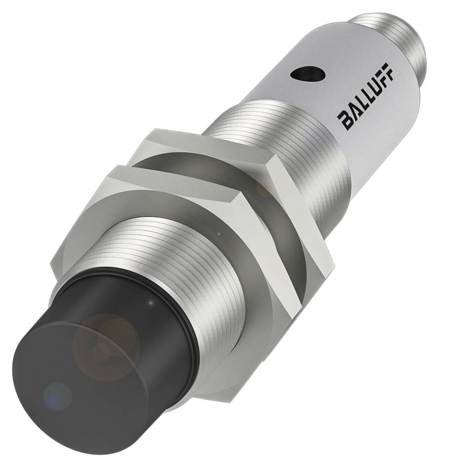 Ein zylindrischer Näherungssensor aus Metall mit schwarzer Kappe, Markenname 'Balluff', wird gezeigt.