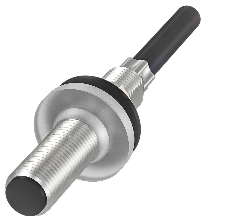 Ein zylindrischer Metall-Induktionssensor mit schwarzem Kunststoffkopf und einem langen, schmalen Metallgehäuse.
