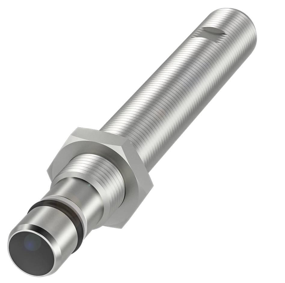 Ein zylindrischer Sensor aus Metall mit geriffelter Oberfläche und Gewinde, verwendet in industriellen Anwendungen zur Abstandsmessung.