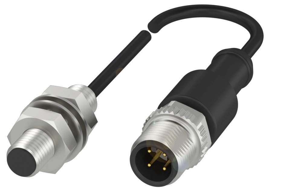 Zwei Nahaufnahme-Steckverbinder: einer mit Metallgehäuse, der andere schwarz, Kabel nach hinten führend. Geeignet für industrielle Anwendungen.