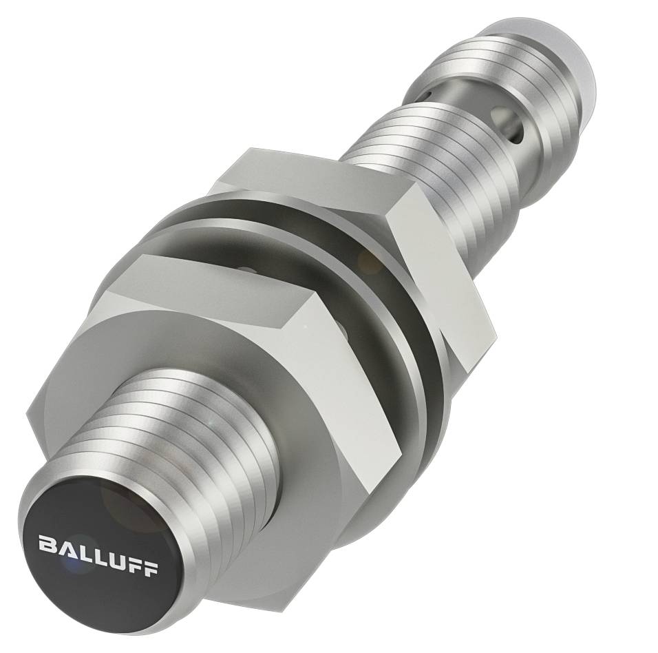 Induktiver Näherungssensor aus Metall mit zylindrischem Design und Beschriftung 'BALLUFF', zur präzisen Objekterkennung eingesetzt.