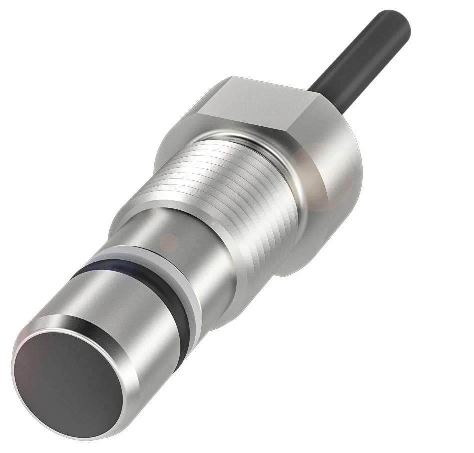 Metallsensor mit zylindrischem Gehäuse und Gewinde, verbunden mit einem schwarzen Kabel. Geeignet für industrielle Anwendungen.