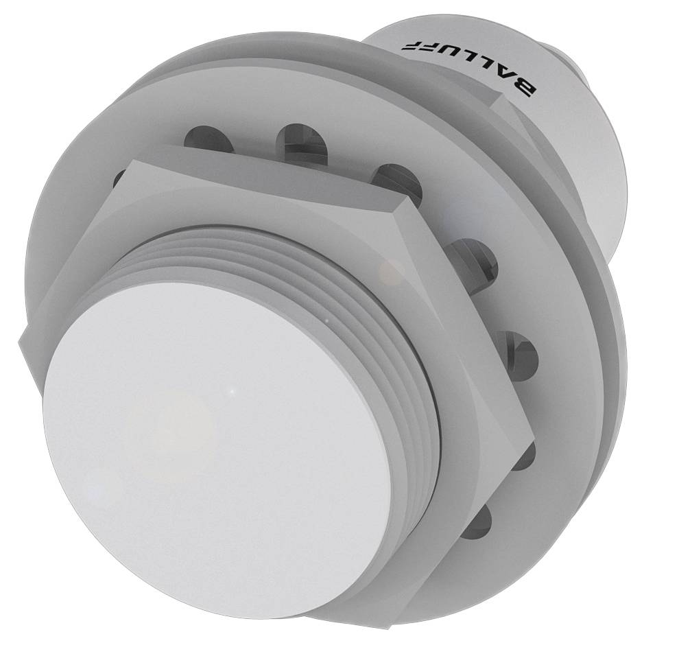 Ein zylindrischer, grauer Sensor mit mehreren Rillen und Schraubengewinde. Auf der Oberseite steht der Schriftzug 'BALLUFF'.