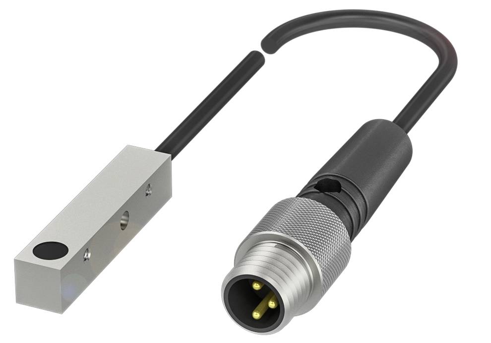 Ein rechteckiger Sensor mit einem Anschlusskabel, das in einen runden, geriffelten Stecker mit drei Kontakten endet.
