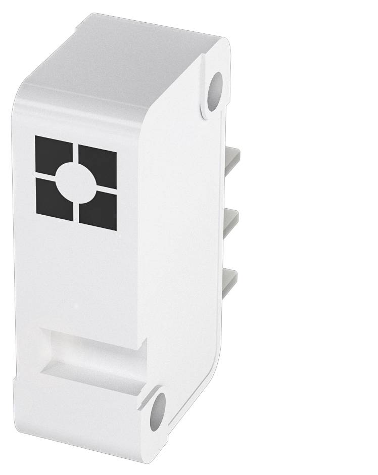 Ein weißes elektronisches Bauteil mit drei Steckanschlüssen und einem quadratischen Emblem auf der Vorderseite.