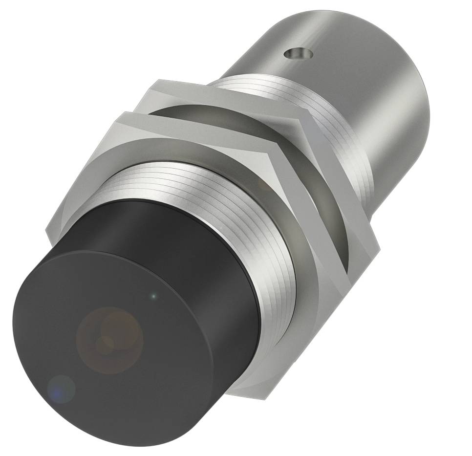 Ein zylindrischer Sensor mit silbernem Gehäuse und schwarzer Kappe, hauptsächlich in industriellen Anwendungen verwendet.