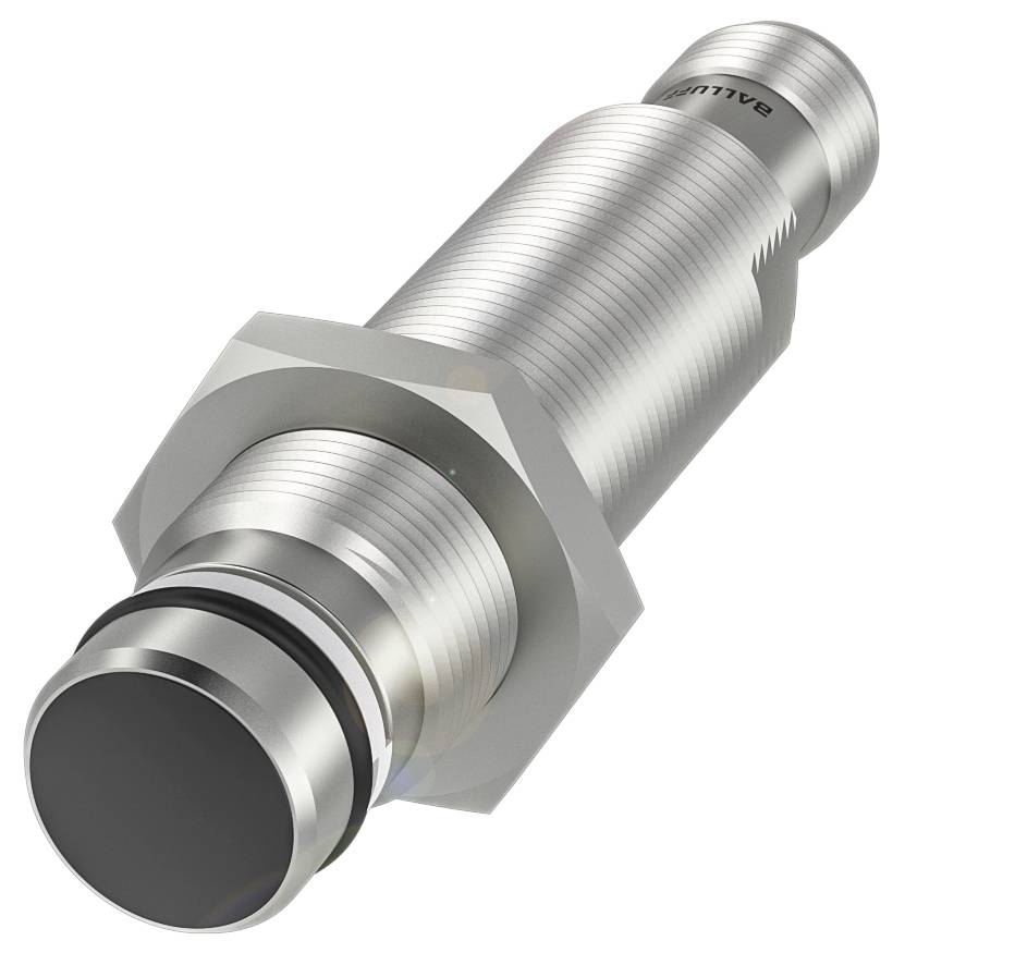 Zylindrischer induktiver Sensor aus Metall, hauptsächlich zylindrische Form, Gewinde an der Oberfläche erkennbar.