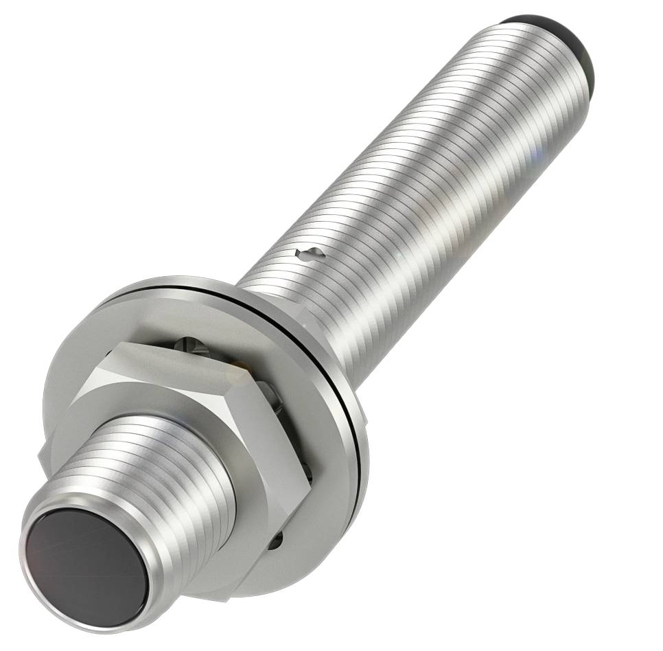 Zylindrischer Metallsensor mit geriffelter Oberfläche und Befestigungsmuttern. Geeignet für präzise industrielle Anwendungen.