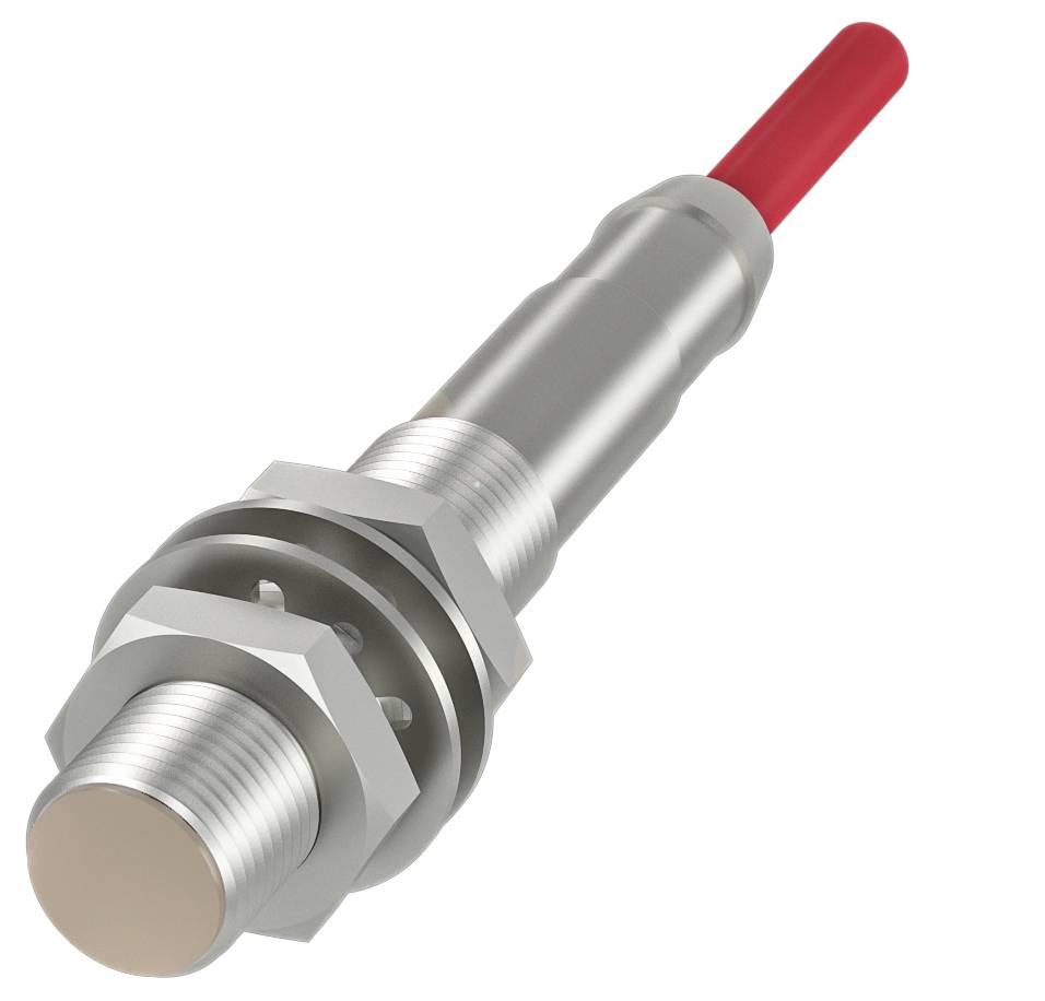 Ein zylindrischer Näherungssensor aus Metall mit rotem Kabel, häufig in Automatisierungsprozessen verwendet.