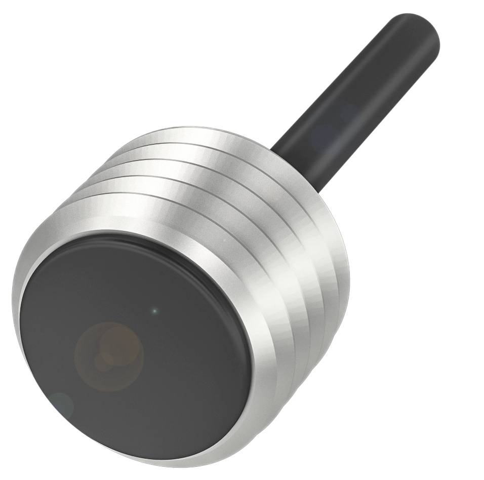 Ein silberner Drehregler mit schwarzer Oberfläche und langem Griff, verwendbar zur Steuerung von Geräten oder Maschinen.