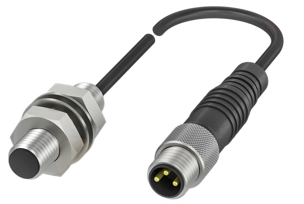 Zwei M12-Steckverbinder: links mit Rundsteckgehäuse, rechts mit geriffeltem Steckkopf und flexiblem Kabel.