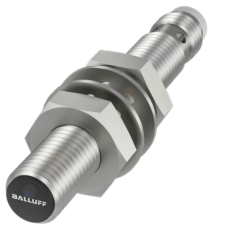 Ein zylindrischer Sensor aus Metall mit Schraubgewinde und der Aufschrift 'BALLUFF' auf der Stirnseite.