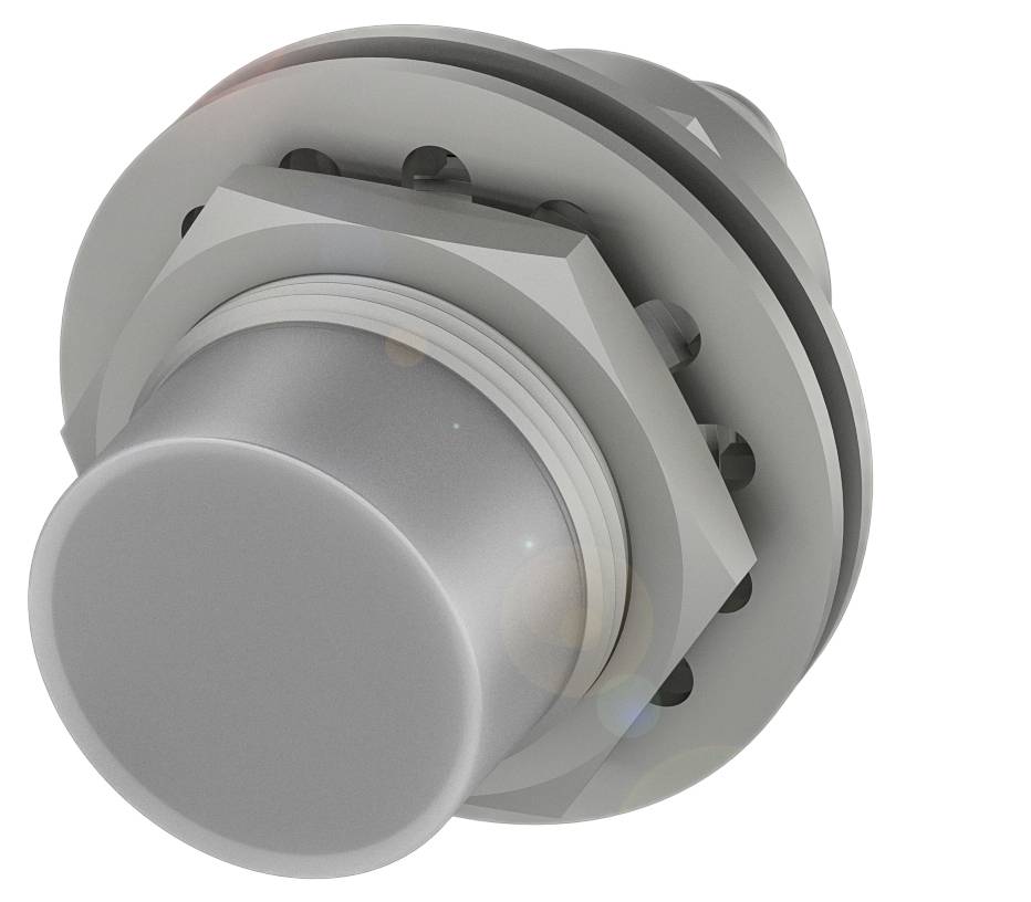 Ein größerer, silberner Metallknopf mit sechseckigem Gehäuse, sichtbaren Schrauben und Linsenreflexionen auf der Oberfläche.