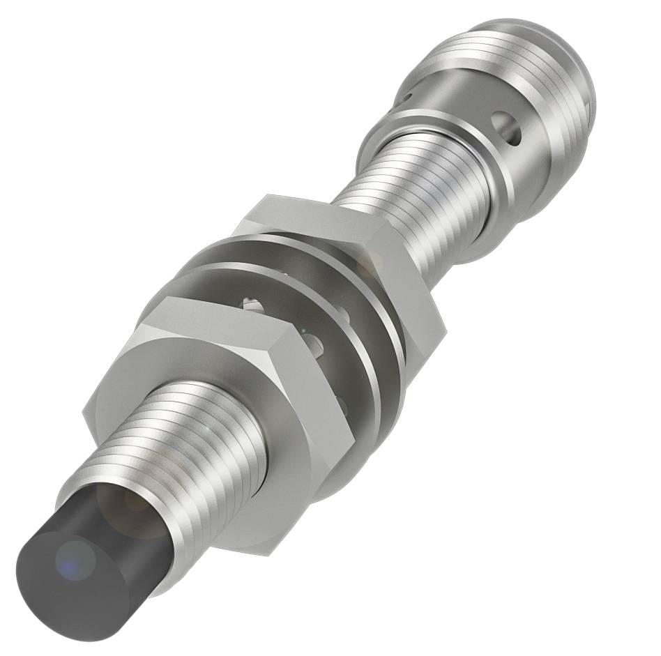 Ein zylindrischer, silberfarbener Sensor mit schwarzer Spitze, eingebaut in einer Gewindehülse mit zwei Sechskantmuttern.