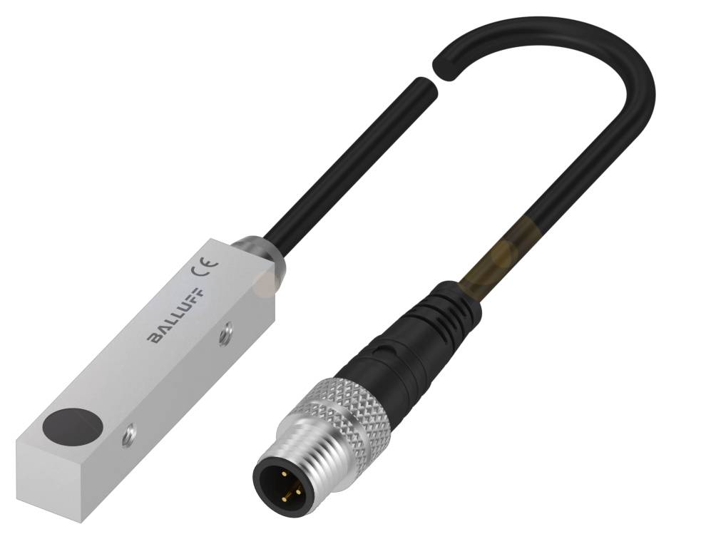 Ein rechteckiger, grauer Sensor mit einem Kabel und einem runden, metallischen Stecker. Der Sensor ist mit 'Balluff' markiert.