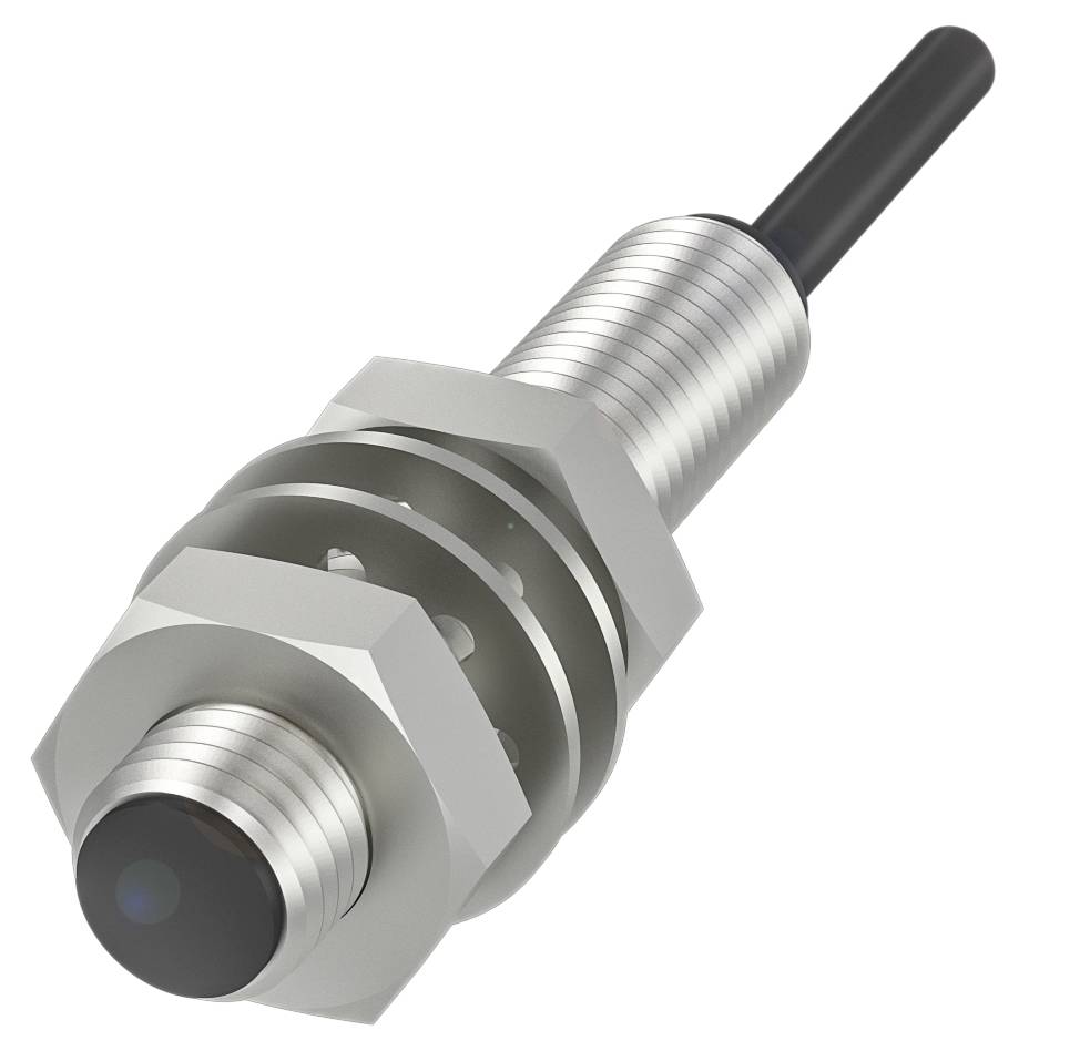 Zylindrischer Sensor in Metallgehäuse mit schwarzen Kabeln, verwendet zur Erkennung von Objekten in industriellen Anwendungen.