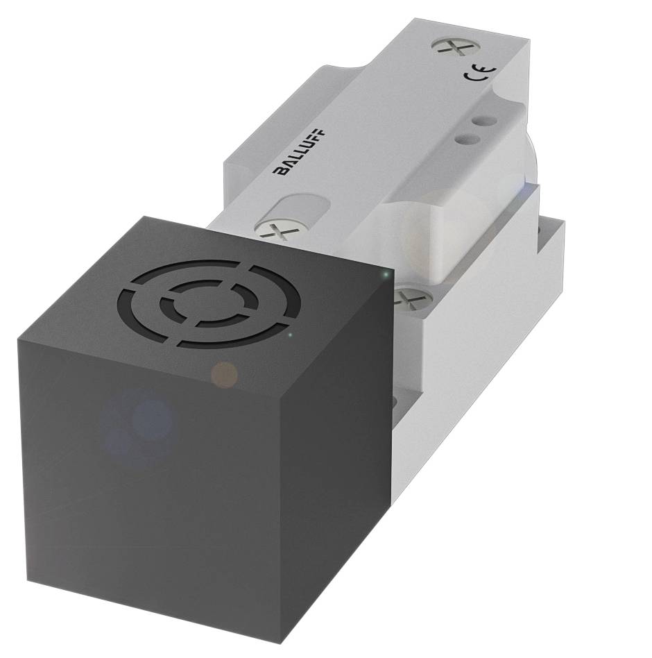Industriesensor in rechteckiger Form mit schwarzem Gehäuse und aufgedrucktem Firmenlogo, vermutlich für präzise Messungen genutzt.