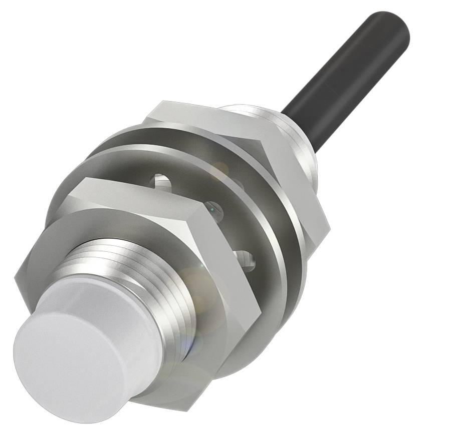 Metallsensor, zylindrisch, mit Gewinde und Kabelanschluss, zur Erkennung von Objekten in industriellen Anwendungen.