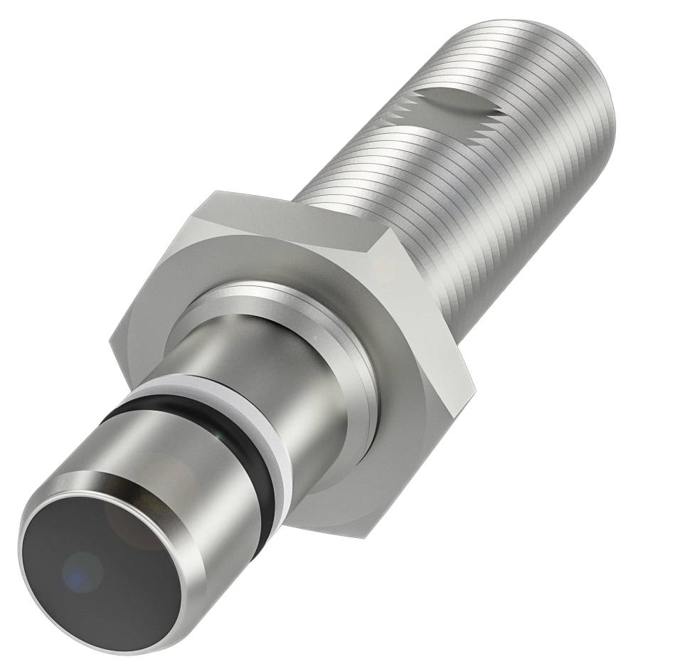 Das Bild zeigt einen zylindrischen Induktionssensor mit Gewinde, metallischem Gehäuse und zwei schwarzen Ringen.