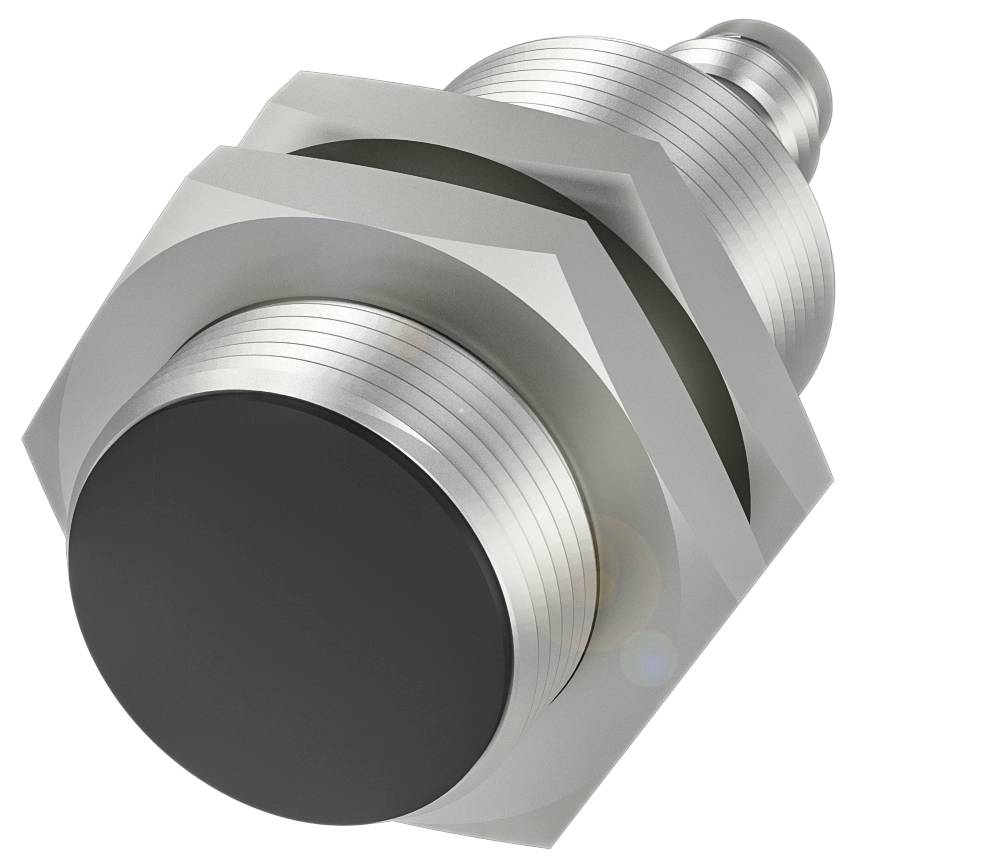 Metallischer zylindrischer Gegenstand, möglicherweise ein Sensor oder ein technisches Bauteil, mit Gewinde und glatter Oberfläche.