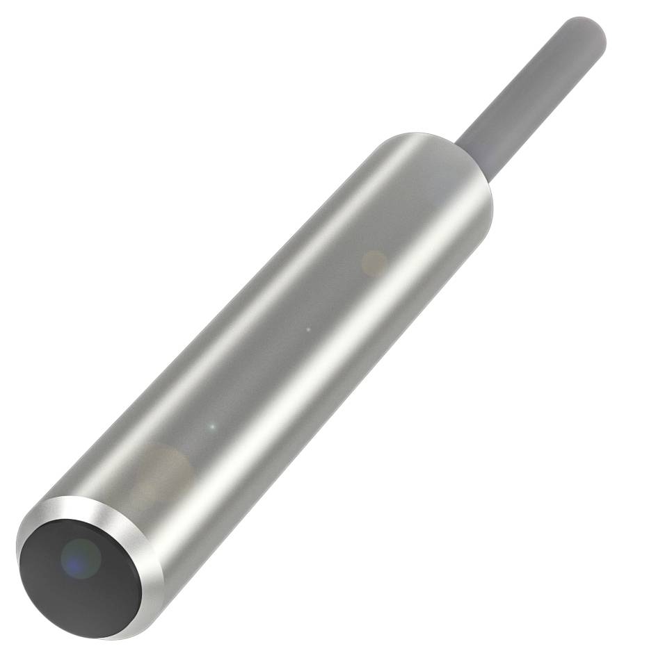 Ein silberner zylindrischer Metallstab, der als industrieller Sensor genutzt wird, vor weißem Hintergrund.