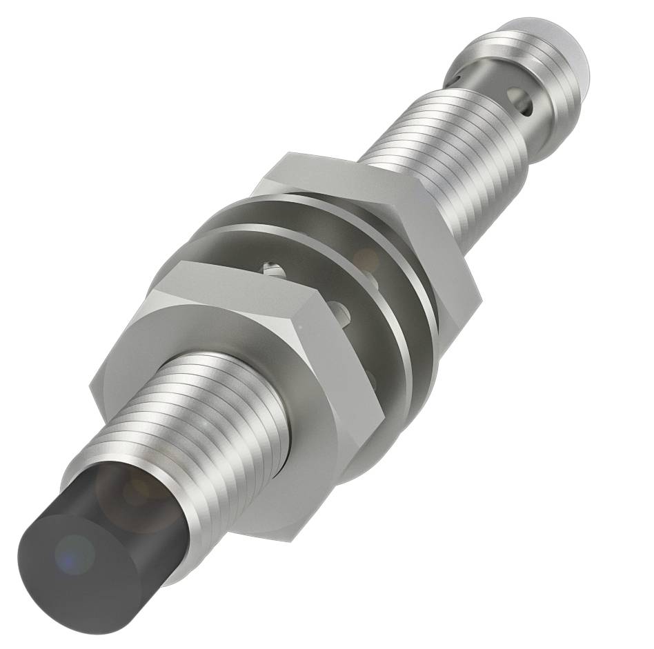 Ein zylindrischer Metall-Sensor mit Schraubgewinde, schwarzer Spitze und Sechskantmutter zur Befestigung, auf weißem Hintergrund.