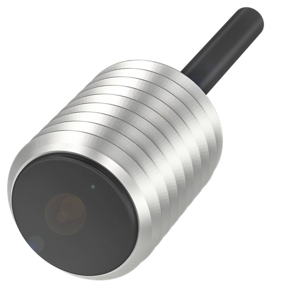 Silberner zylindrischer Sensor mit geriffeltem Gehäuse und einem nach hinten ragenden Kabel.