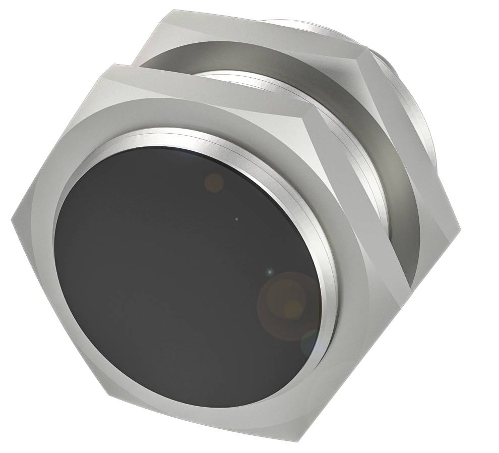 Sechskantiger Sensor mit schwarzer Oberfläche, umgeben von einem silbernen Gehäuse.