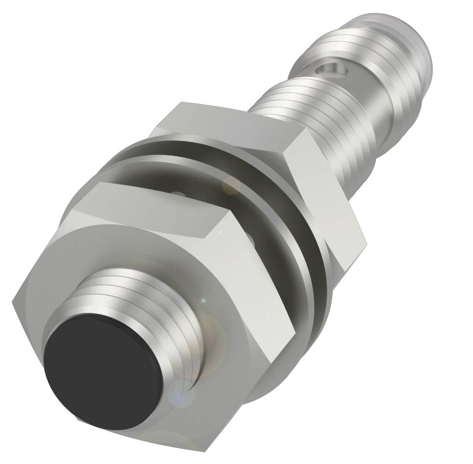 Zylinderförmiger Metallsensor mit Gewinde, Steckverbindung und schwarzer Spitze, typisch für den Einsatz in Industrieumgebungen.