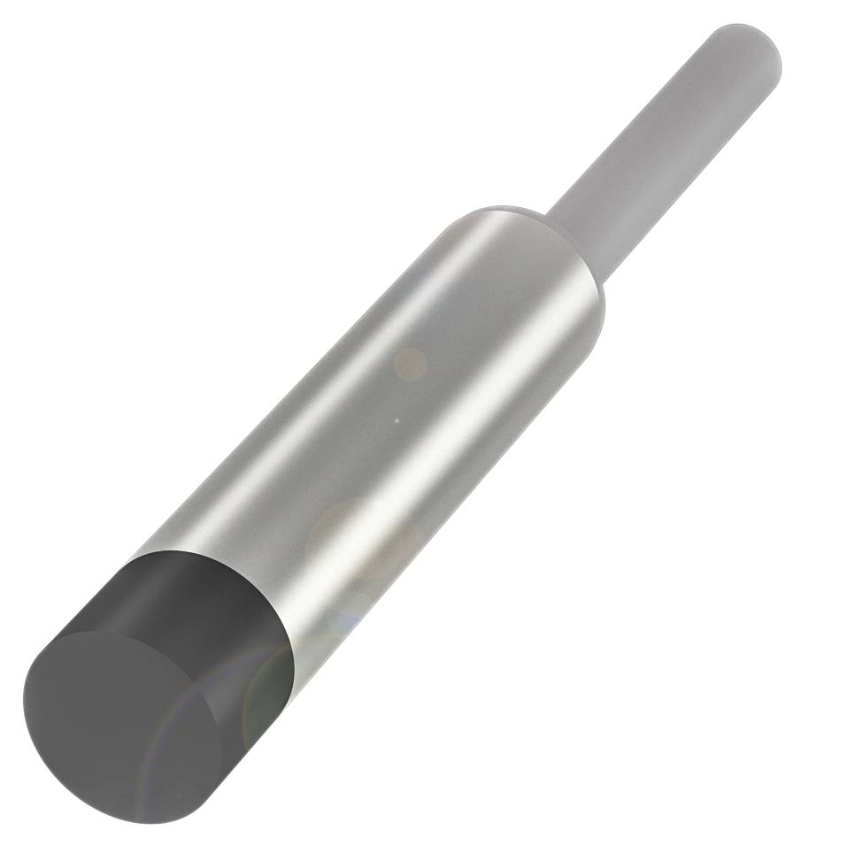 Ein langes, zylindrisches Metallrohr mit einer schwarzen, kreisförmigen Kappe am Ende, dargestellt vor weißem Hintergrund.