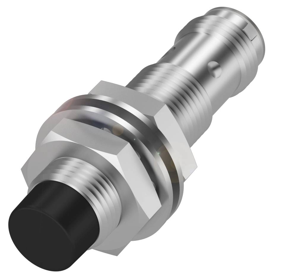 Ein zylindrischer Metall-Sensor mit hexagonalem Gewinde und schwarzer Kappe, geeignet für industrielle Anwendungen.