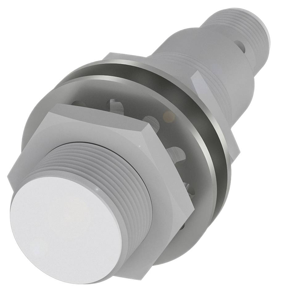 Ein silbernes, zylindrisches Metallteil mit Schraubgewinde, vermutlich ein industrielles Maschinenteil oder Sensor.