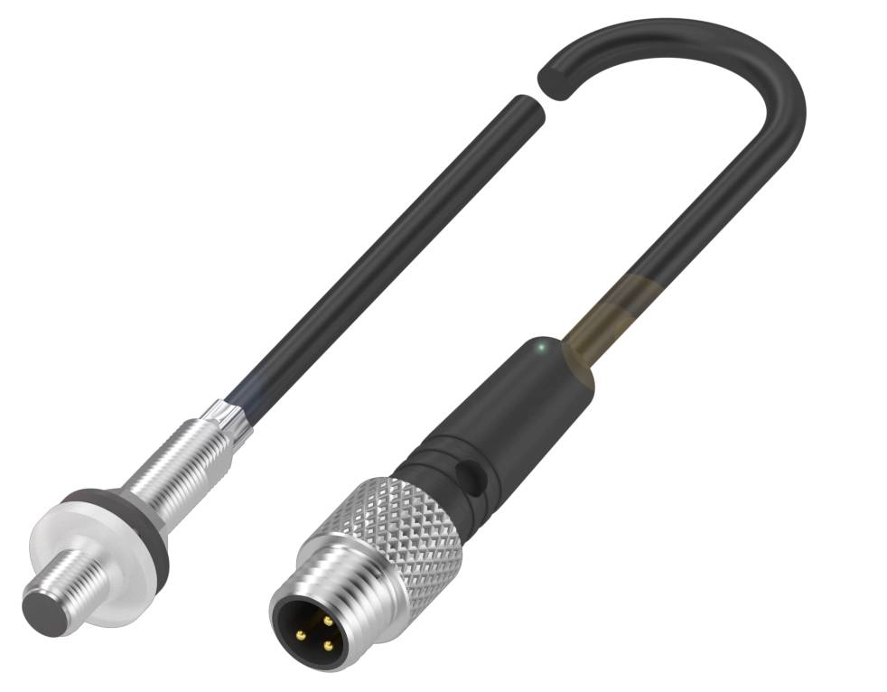 Ein Sensor mit einem Gewindeanschluss und ein Kabel mit Rundstecker zum Verbinden. Geeignet für industrielle Anwendungen.