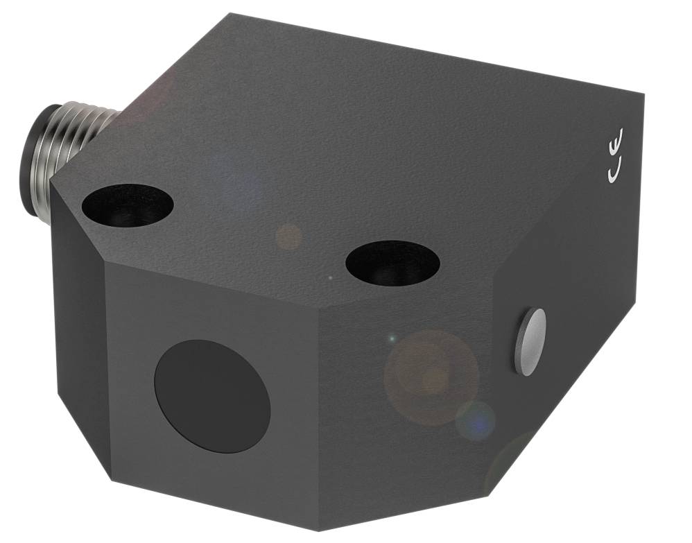 Ein schwarzer, rechteckiger Metallblock mit drei kreisförmigen Öffnungen und einem silbernen Anschlussstecker auf der linken Seite.