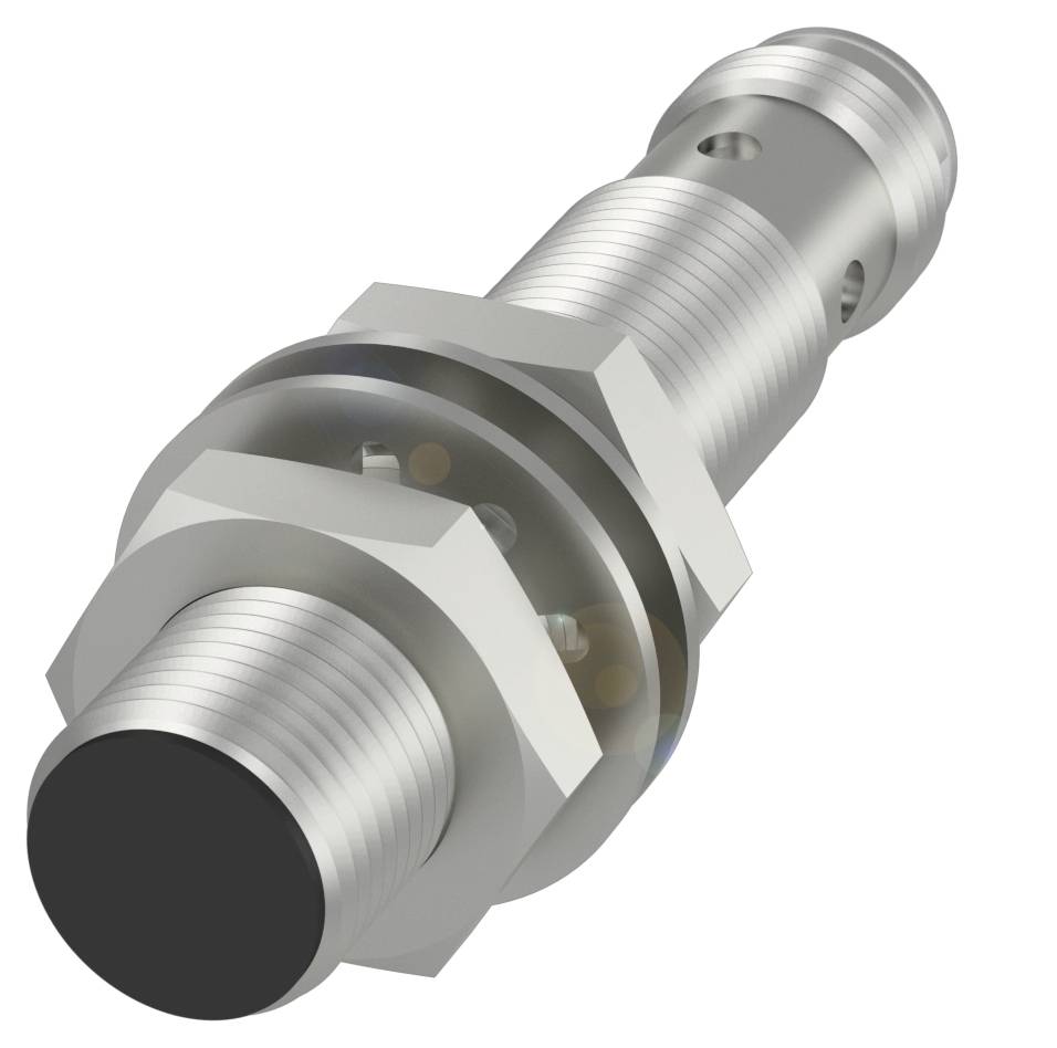 Ein zylindrischer, metallischer Sensor mit Gewinde und schwarzer Front. Häufig in industriellen Anwendungen verwendet.