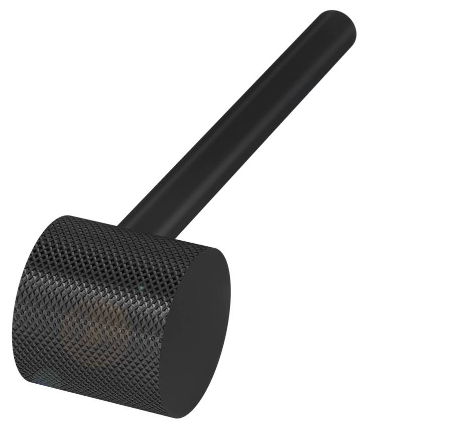 Ein schwarzer Metallhammer mit einem zylindrischen Kopf und langem Griff.